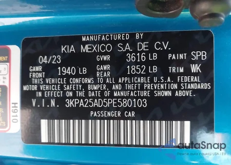 2023 Kia Rio 5-Door S из США, поврежденный, VIN 3KPA25AD5PE580103